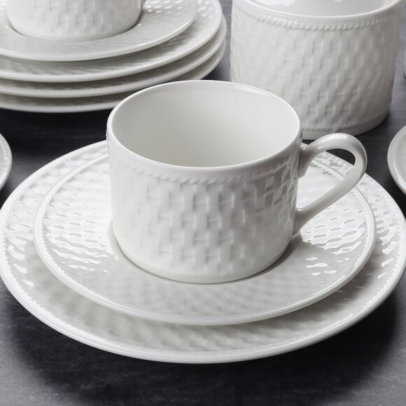 Oneida Casual Settings Basket Weave Salad Plate and Flat Cup & Saucer Set of 4 - Picture 3 of 10
